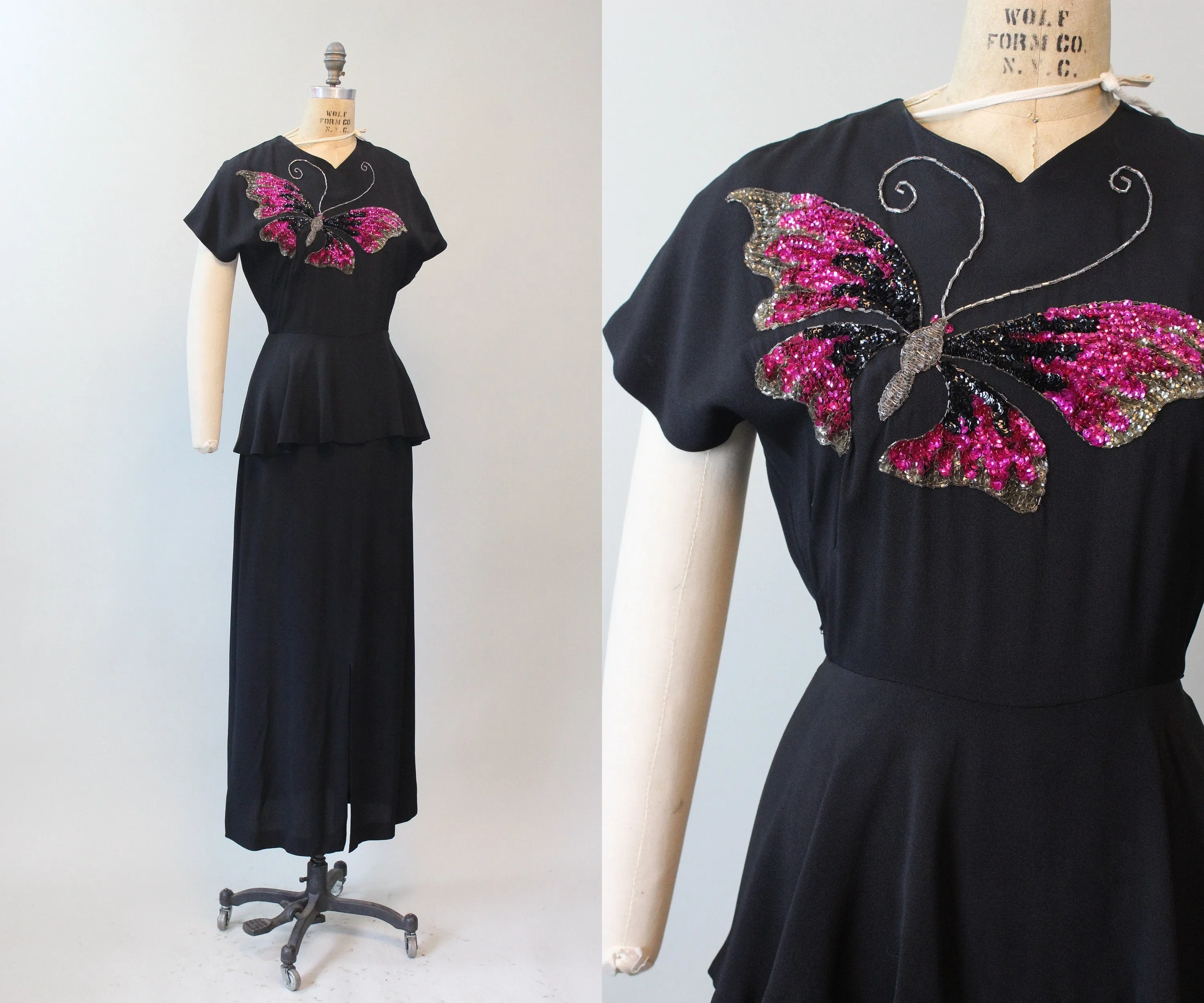 1940s BUTTERFLY sequin PEPLUM gown dress medium | new spring