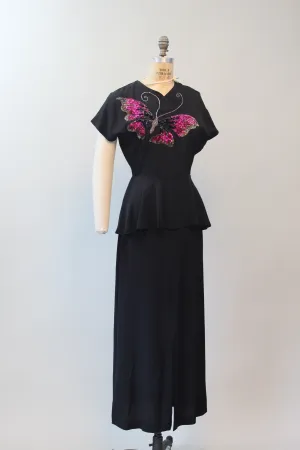1940s BUTTERFLY sequin PEPLUM gown dress medium | new spring