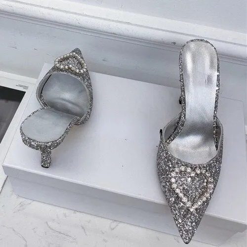 2023 New Shallow Mouth High-heeled Women's Shoes Love Rhinestone Shining Thin Heel Slippers Pointed Women's Single Shoes