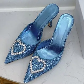 2023 New Shallow Mouth High-heeled Women's Shoes Love Rhinestone Shining Thin Heel Slippers Pointed Women's Single Shoes