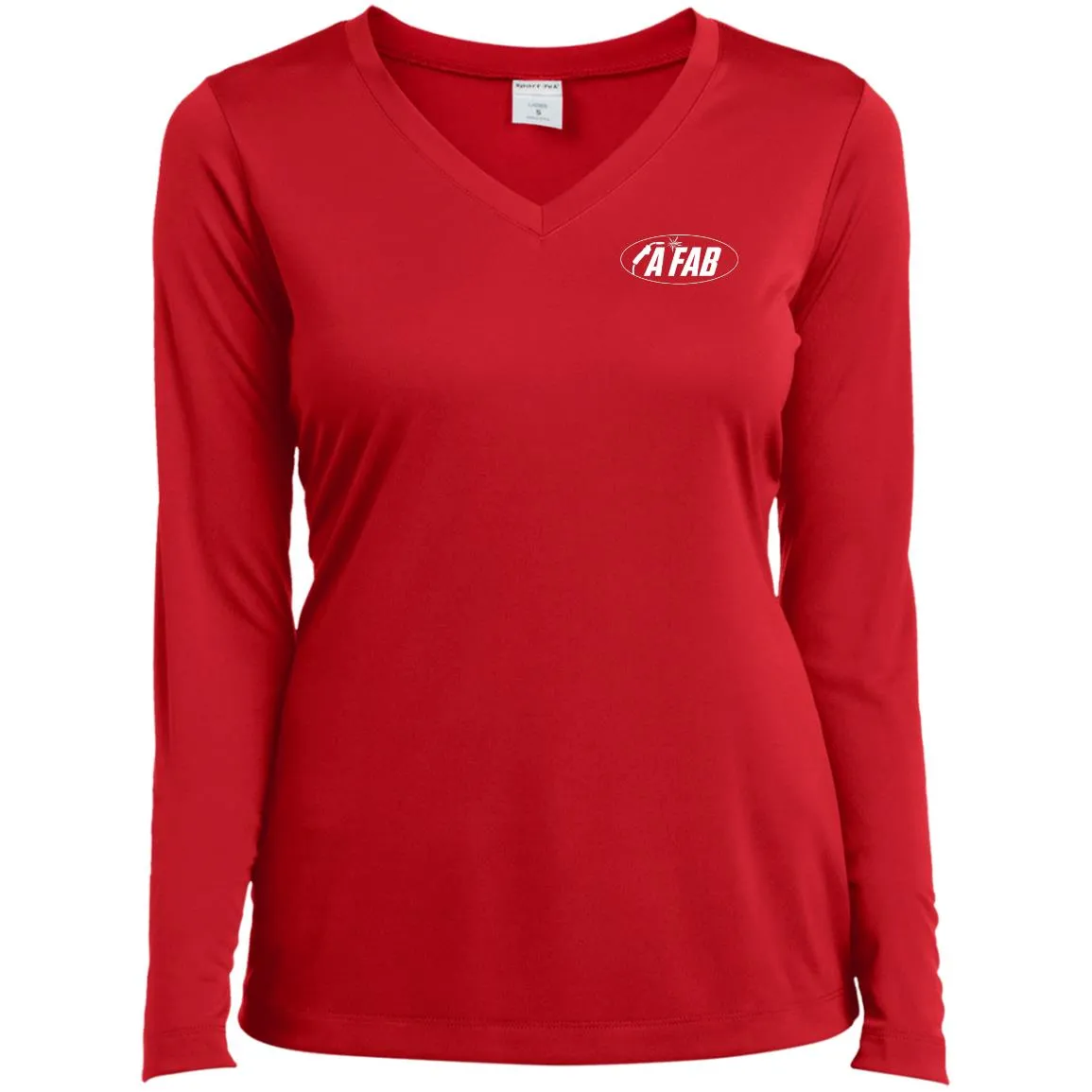 A Fab white logo LST353LS Ladies’ Long Sleeve Performance V-Neck Tee
