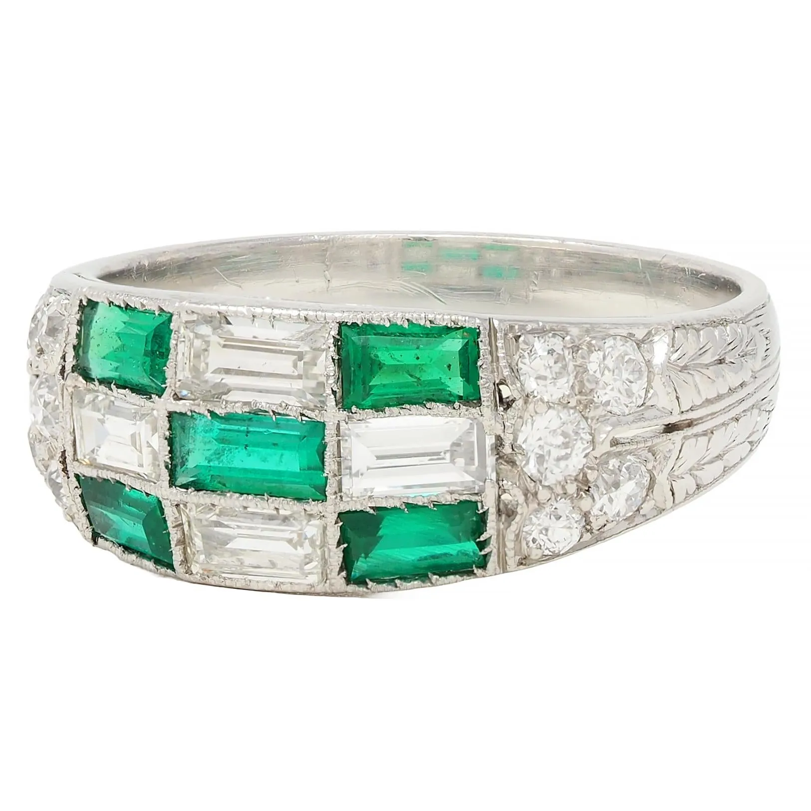 Art Deco 1.22 CTW Emerald Diamond Platinum Antique Wheat Checkerboard Band Ring