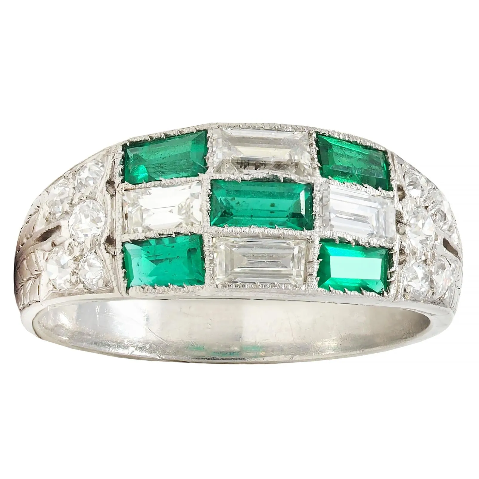 Art Deco 1.22 CTW Emerald Diamond Platinum Antique Wheat Checkerboard Band Ring