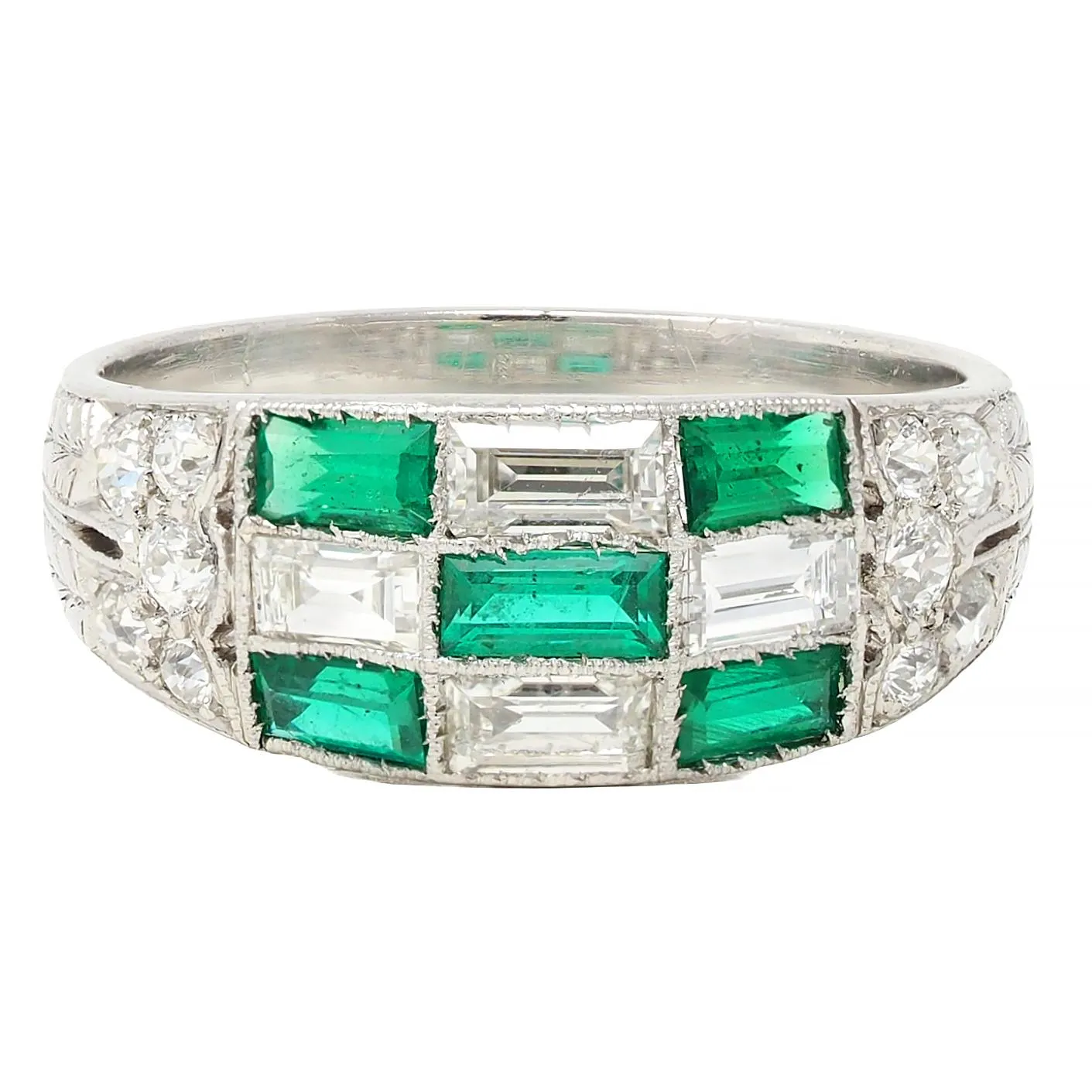 Art Deco 1.22 CTW Emerald Diamond Platinum Antique Wheat Checkerboard Band Ring