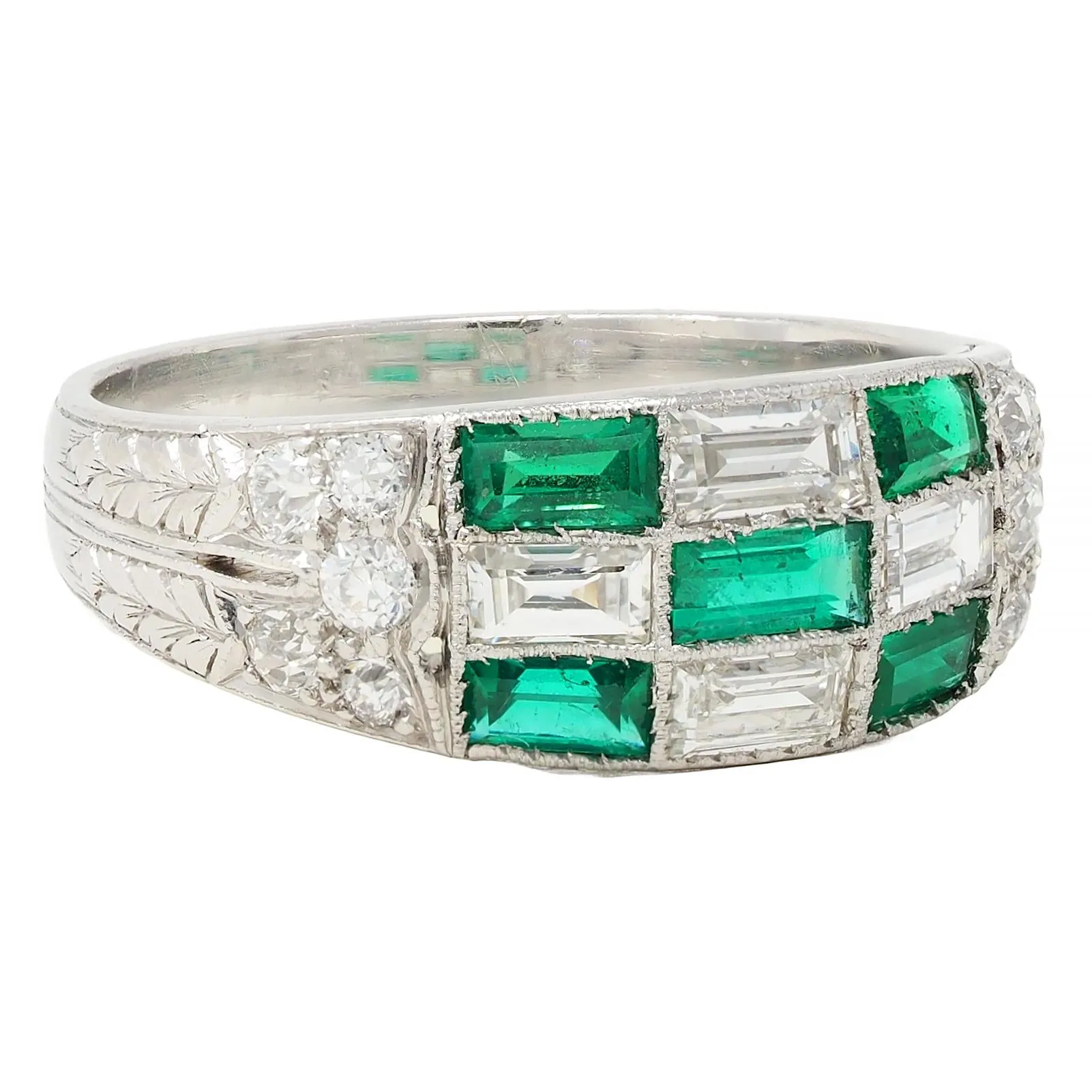 Art Deco 1.22 CTW Emerald Diamond Platinum Antique Wheat Checkerboard Band Ring