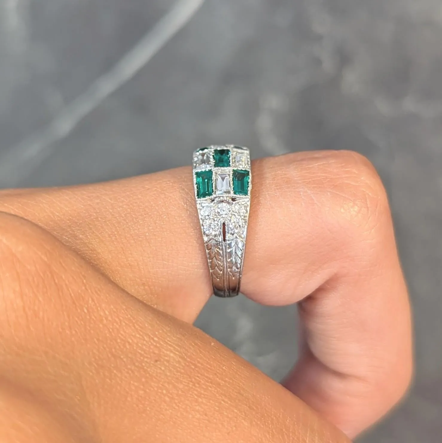 Art Deco 1.22 CTW Emerald Diamond Platinum Antique Wheat Checkerboard Band Ring