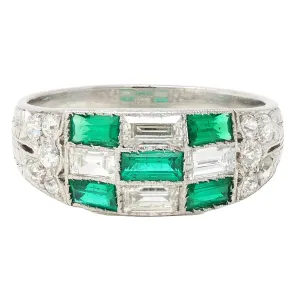 Art Deco 1.22 CTW Emerald Diamond Platinum Antique Wheat Checkerboard Band Ring