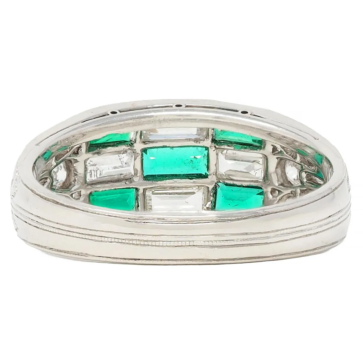 Art Deco 1.22 CTW Emerald Diamond Platinum Antique Wheat Checkerboard Band Ring