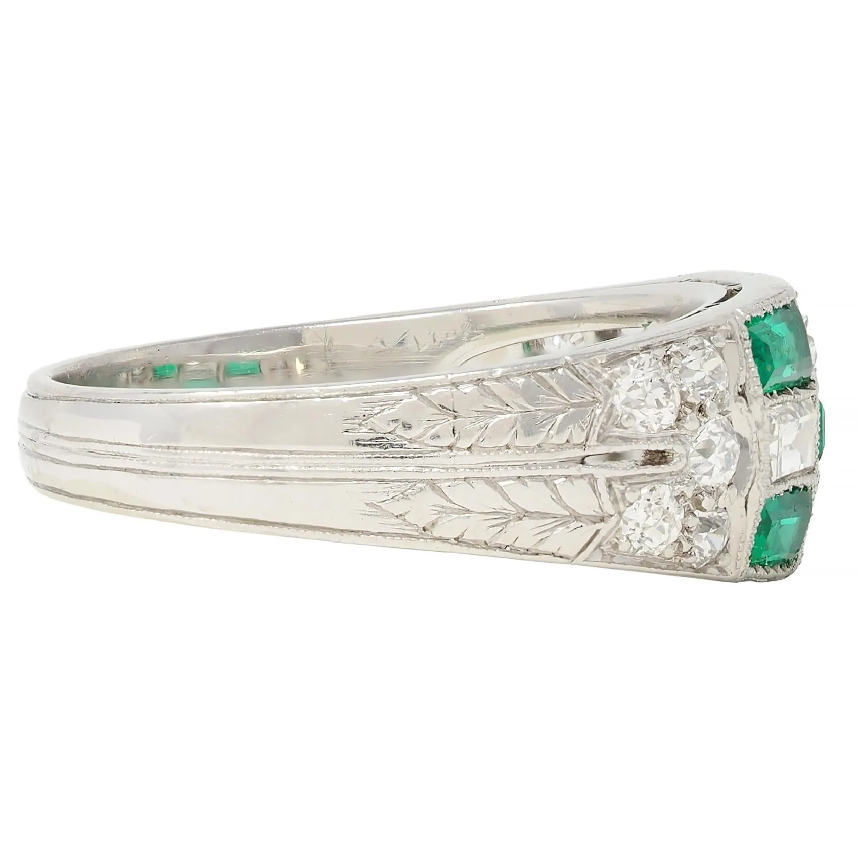 Art Deco 1.22 CTW Emerald Diamond Platinum Antique Wheat Checkerboard Band Ring