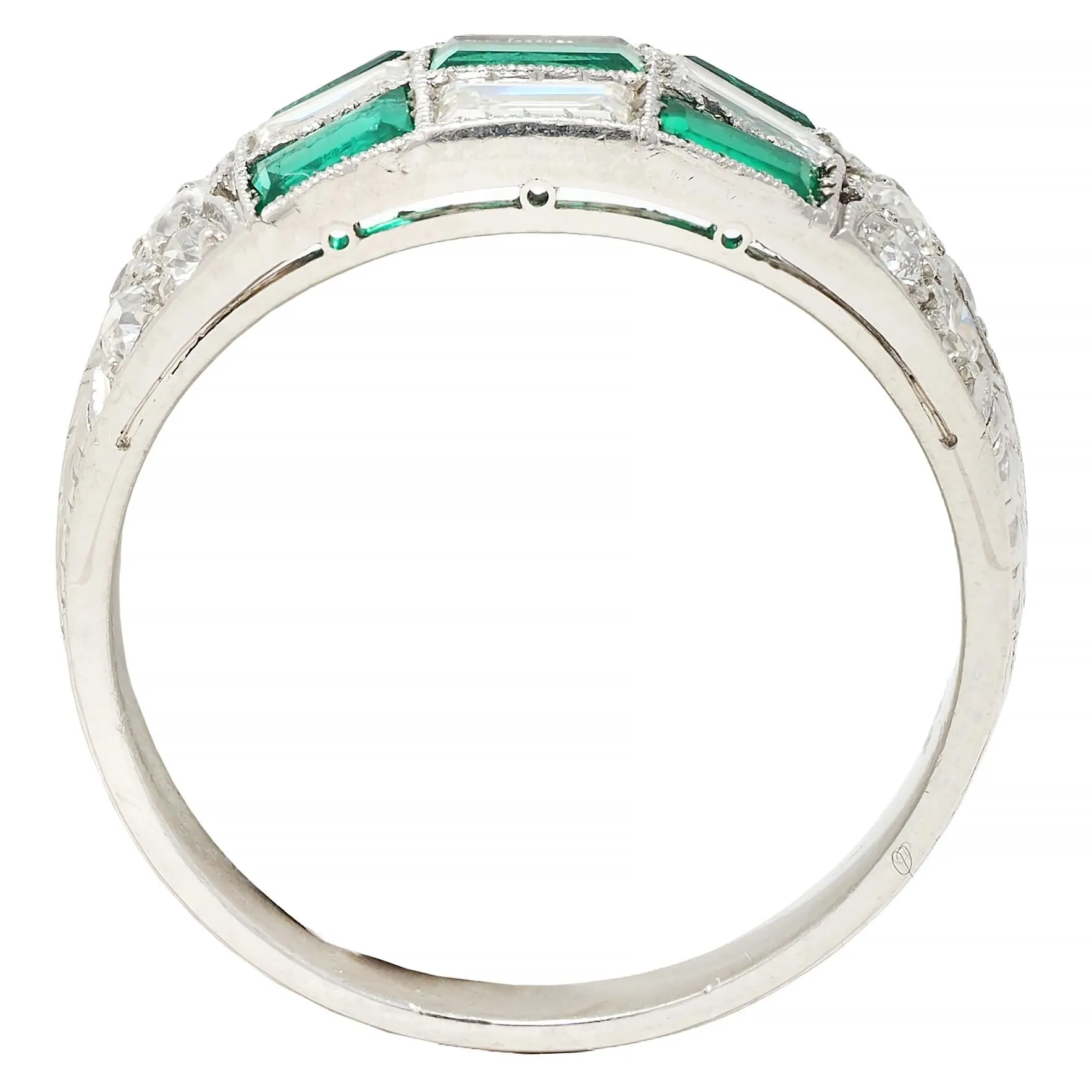 Art Deco 1.22 CTW Emerald Diamond Platinum Antique Wheat Checkerboard Band Ring
