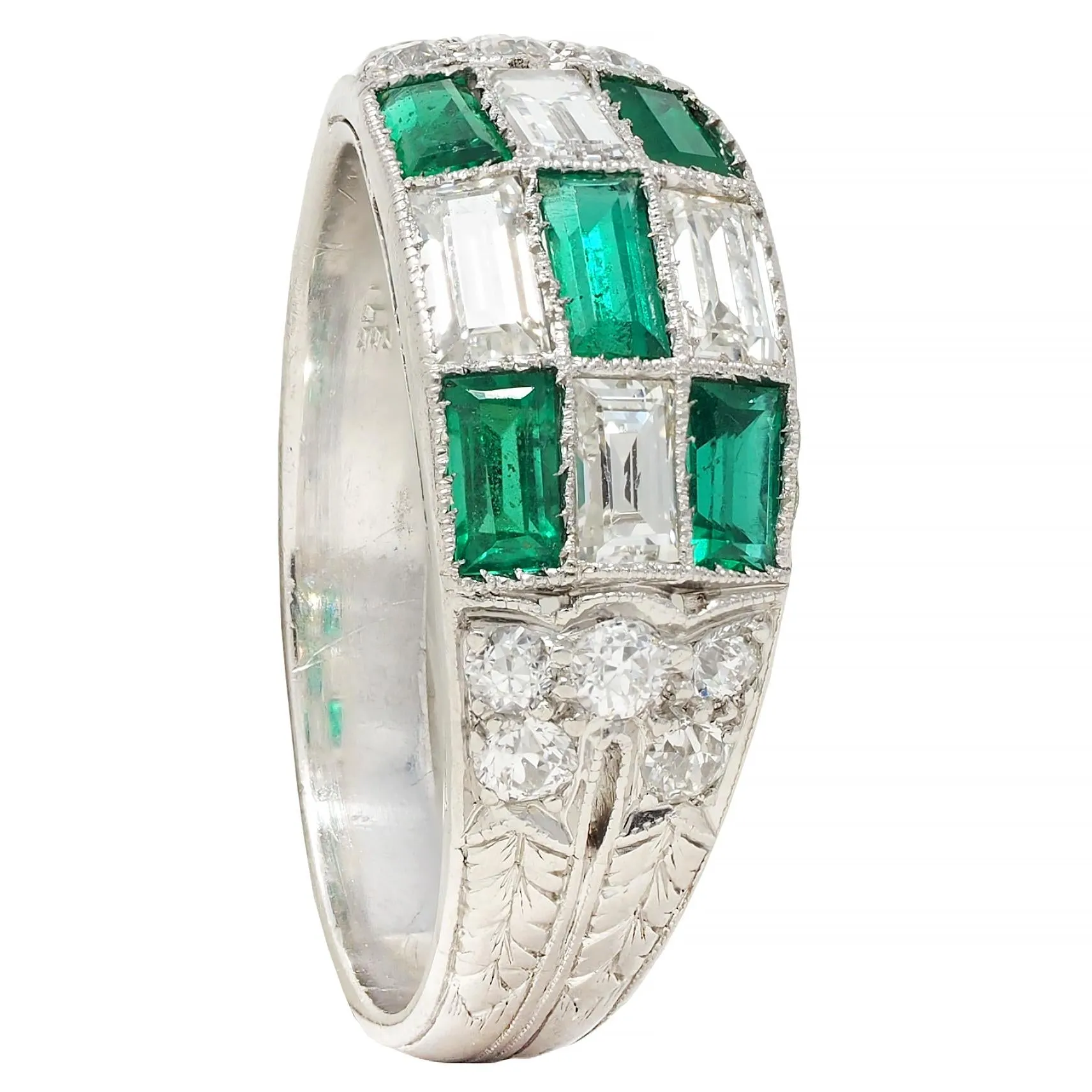 Art Deco 1.22 CTW Emerald Diamond Platinum Antique Wheat Checkerboard Band Ring