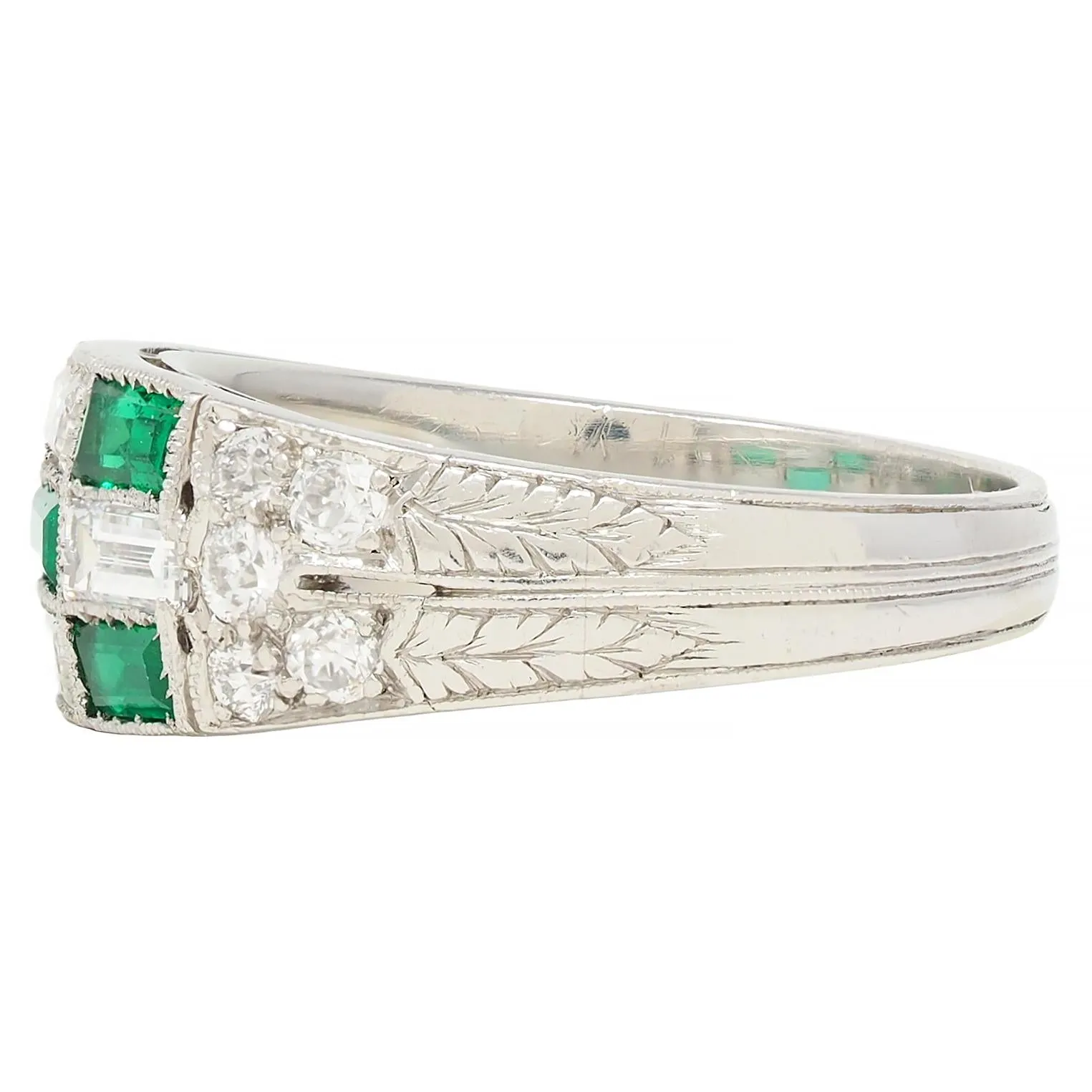 Art Deco 1.22 CTW Emerald Diamond Platinum Antique Wheat Checkerboard Band Ring
