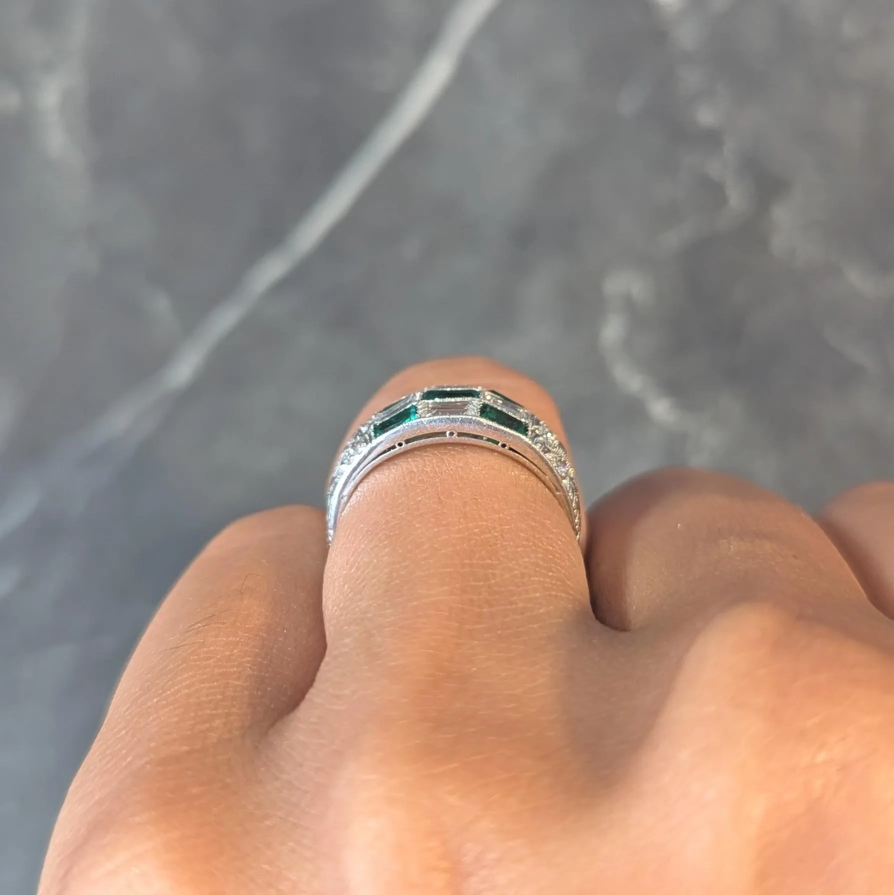 Art Deco 1.22 CTW Emerald Diamond Platinum Antique Wheat Checkerboard Band Ring