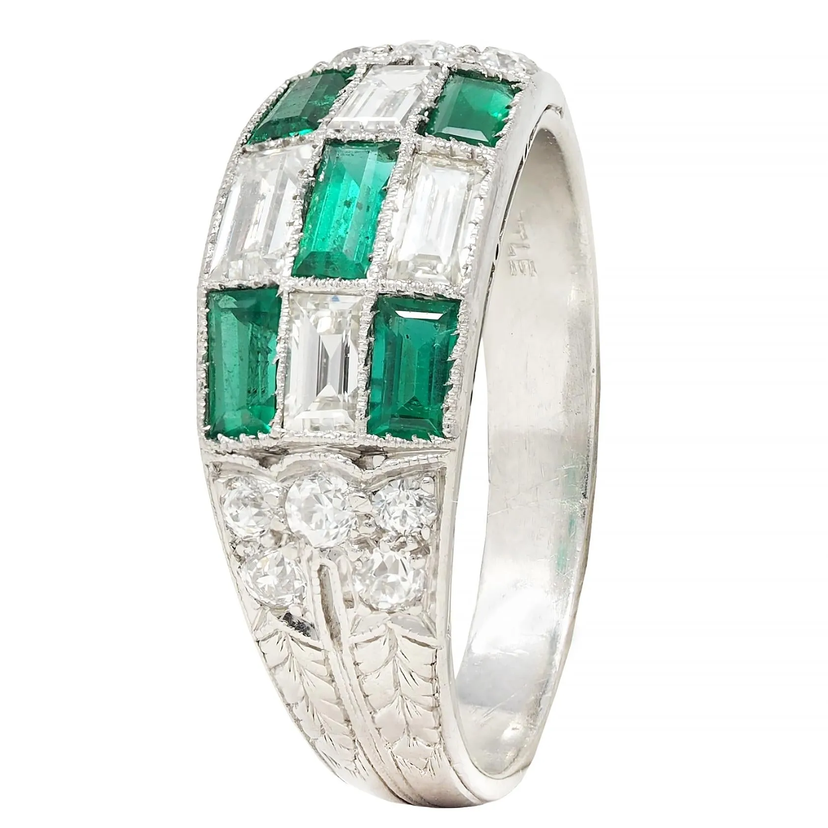 Art Deco 1.22 CTW Emerald Diamond Platinum Antique Wheat Checkerboard Band Ring