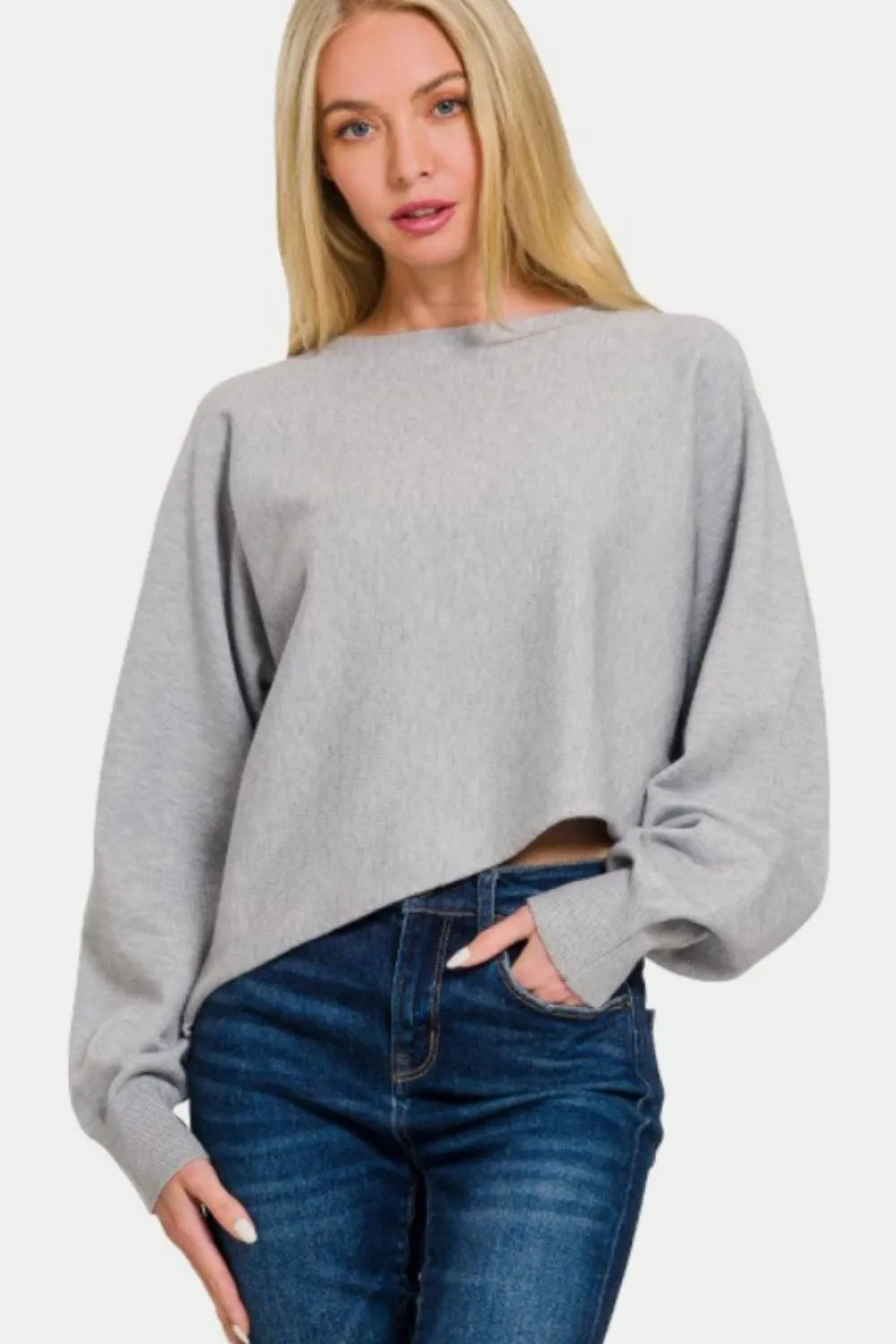 Asymmetric Hem Long Sleeve Sweater - Grey