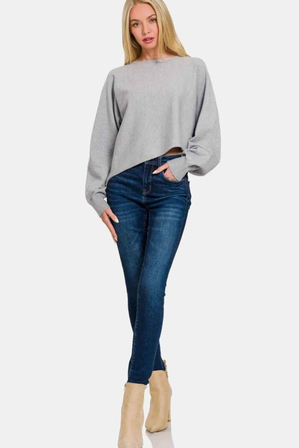 Asymmetric Hem Long Sleeve Sweater - Grey