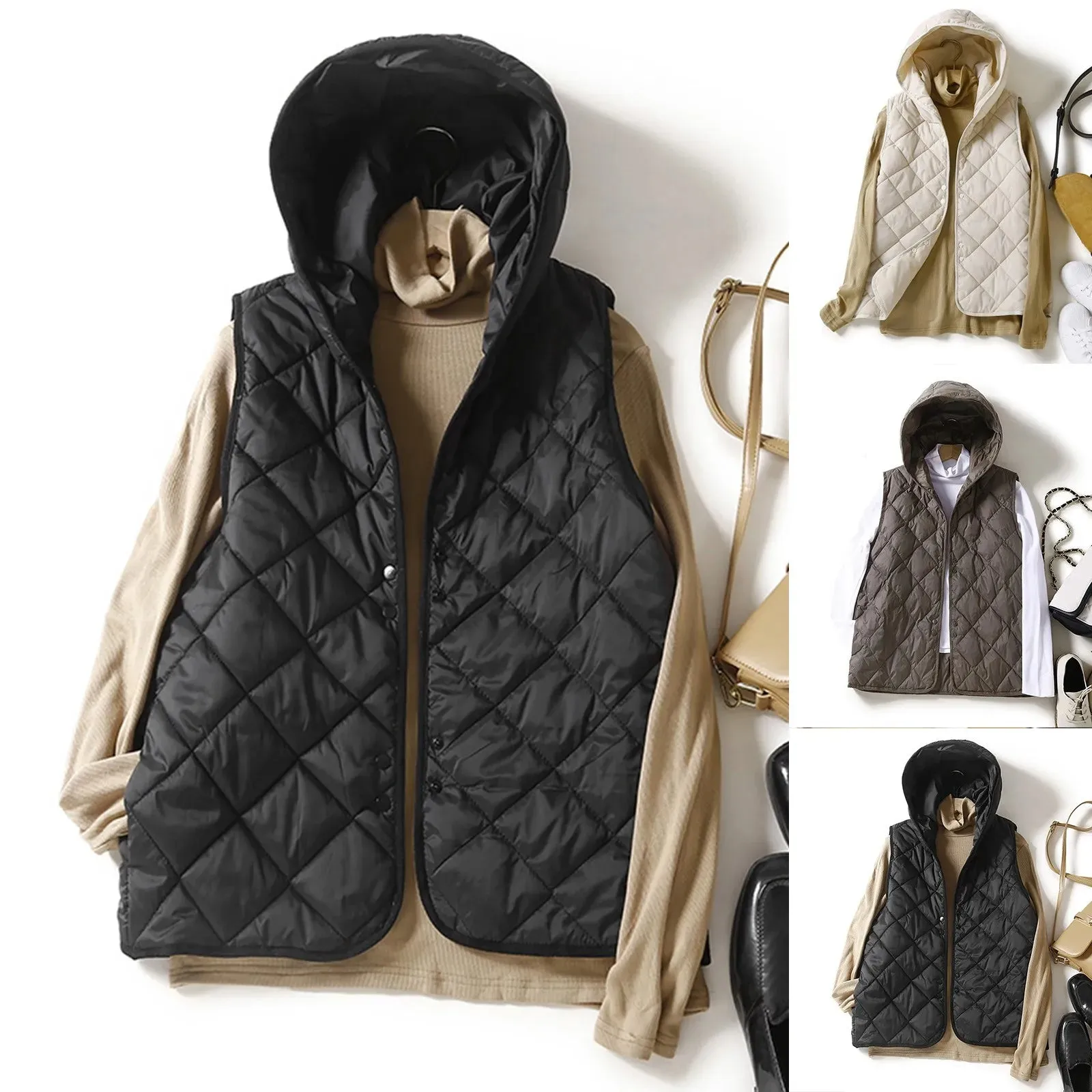 Autumn New Lightweight Warm Hooded Vest Japanese Women'S Temperament Loose Sleeveless Jacket Button Down Vests For Women