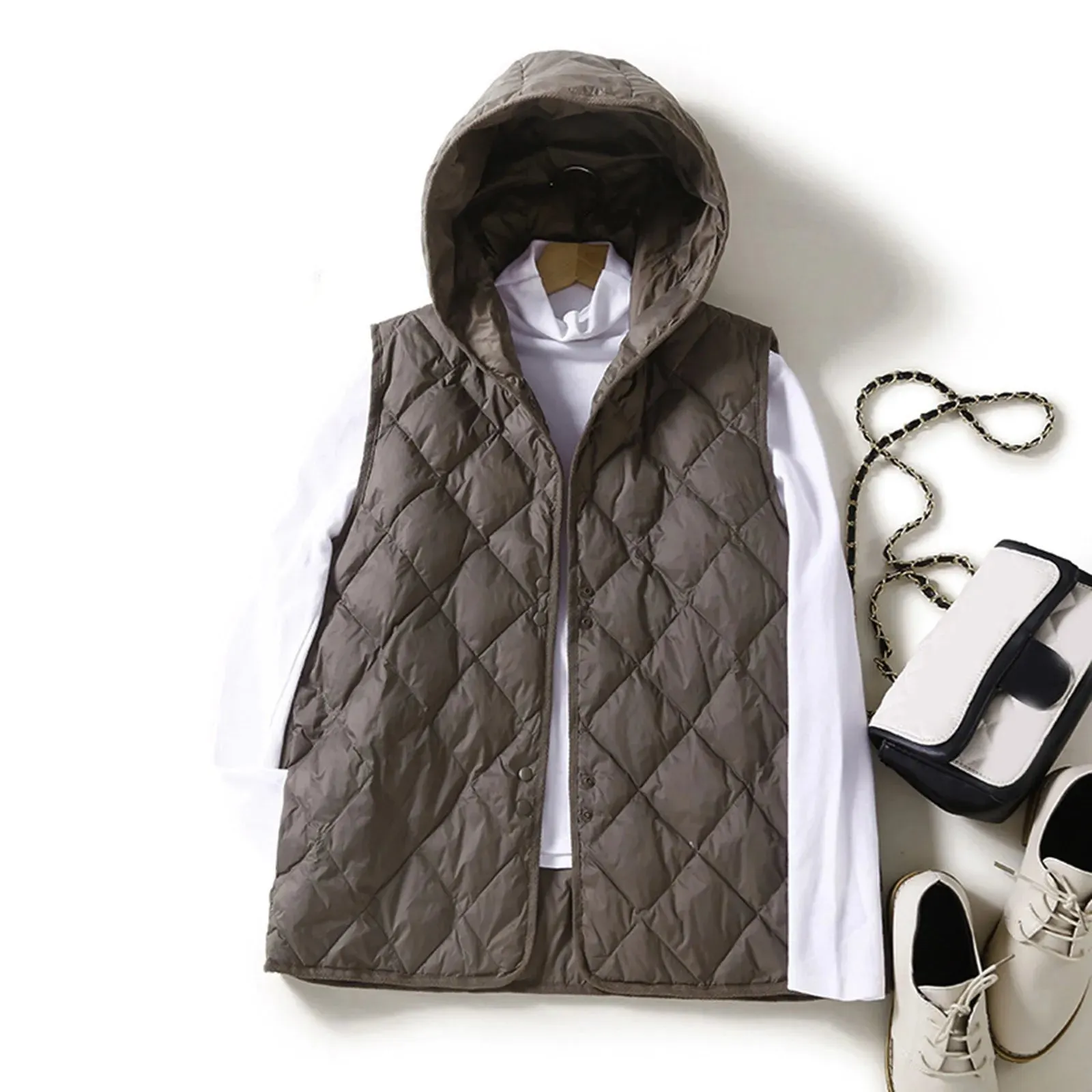Autumn New Lightweight Warm Hooded Vest Japanese Women'S Temperament Loose Sleeveless Jacket Button Down Vests For Women
