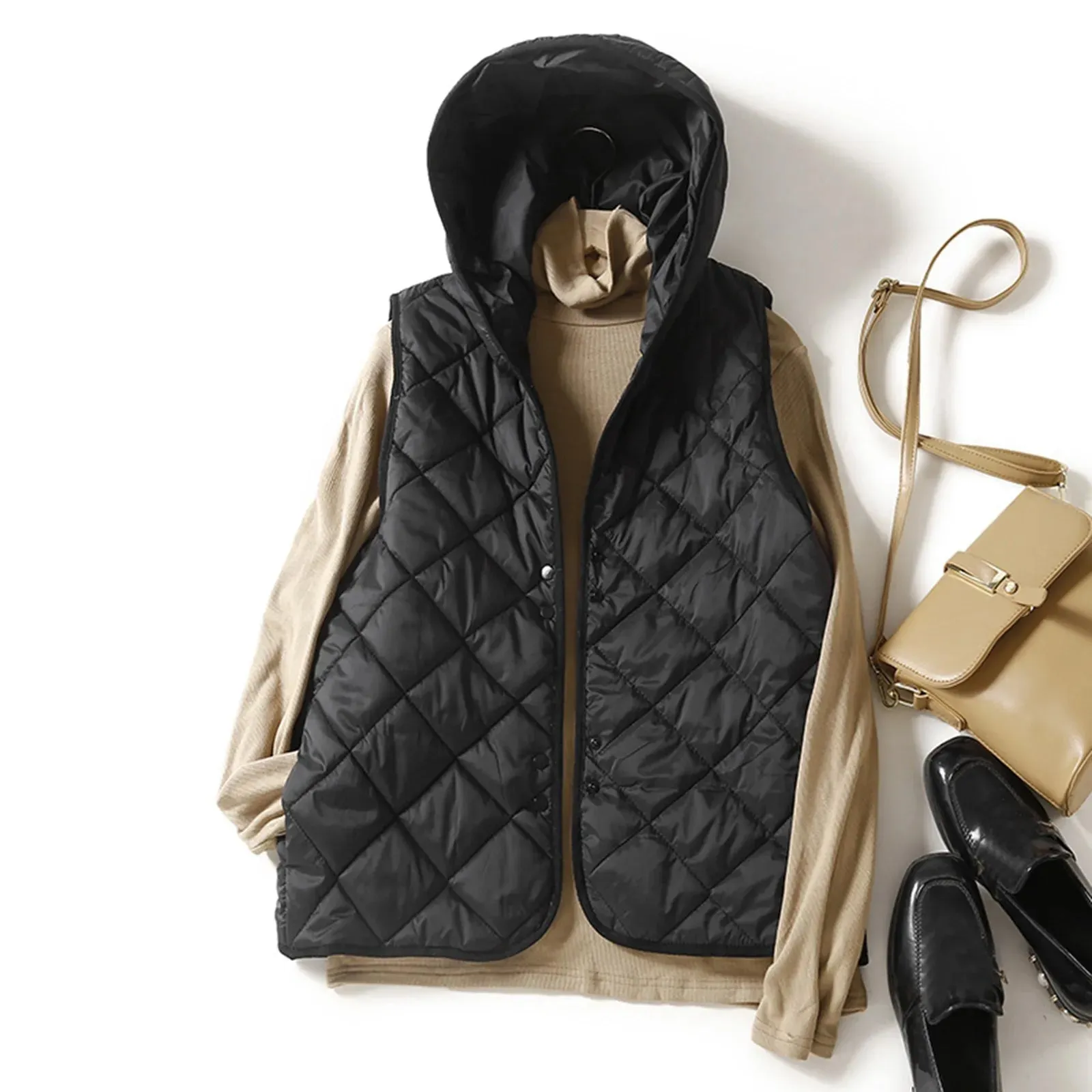 Autumn New Lightweight Warm Hooded Vest Japanese Women'S Temperament Loose Sleeveless Jacket Button Down Vests For Women