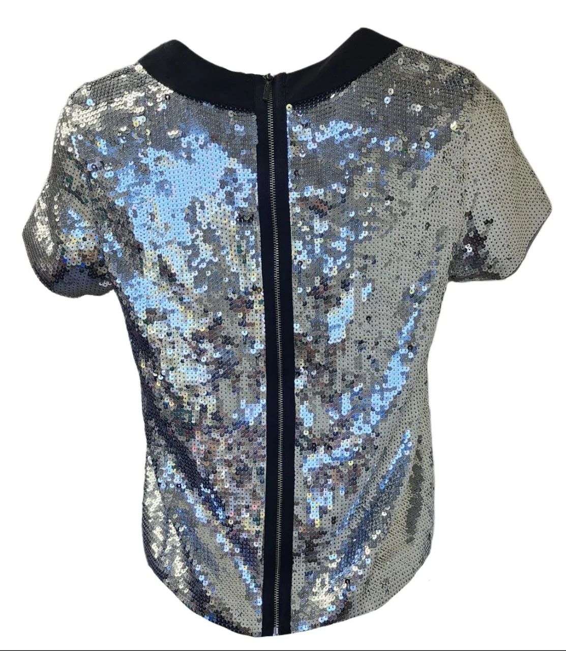 BEA YUK MUI Women's Silver Sequined Short Sleeve Colorblock Top Size 42 NWT
