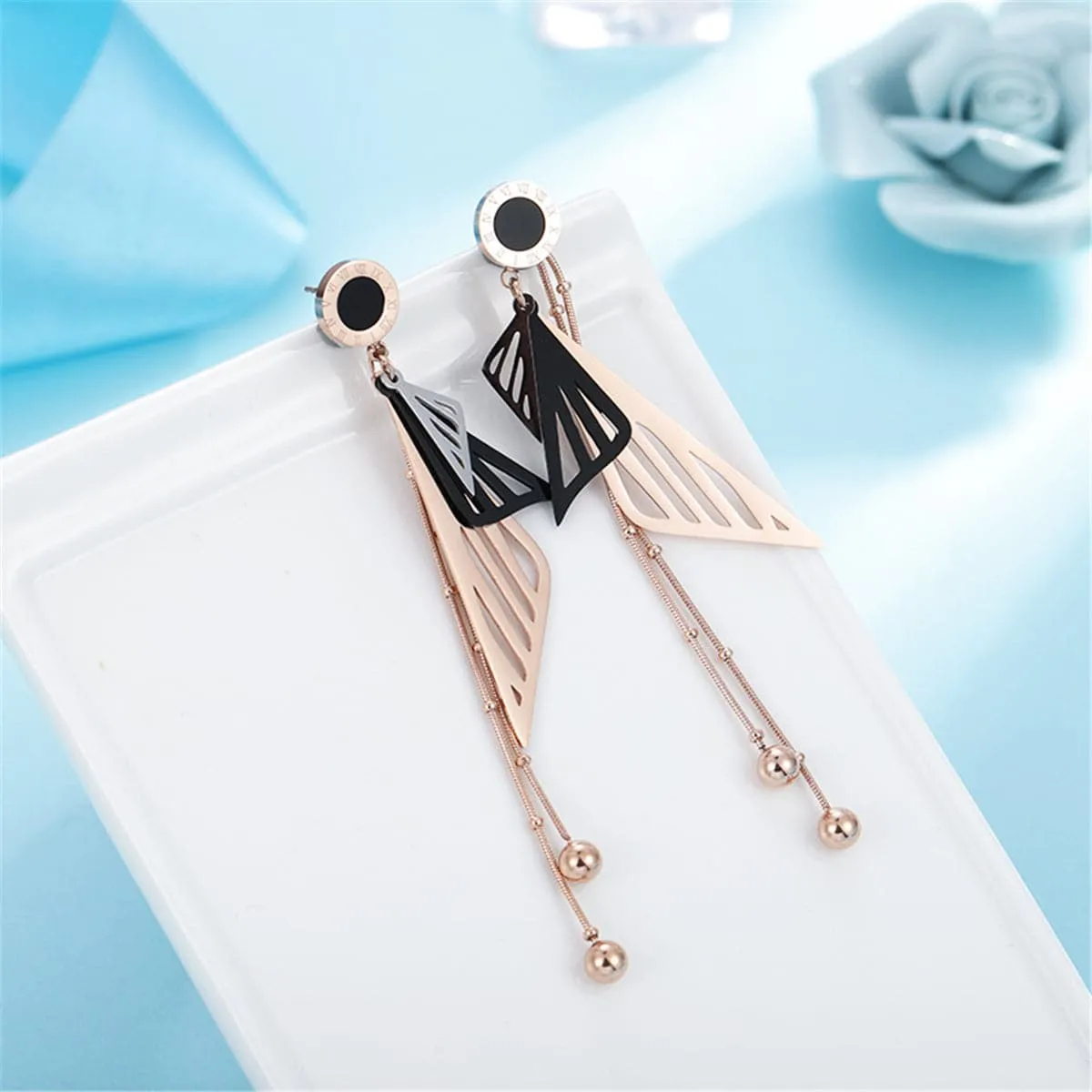 Black & 18K Rose Gold-Plated Fan Tassel Drop Earrings