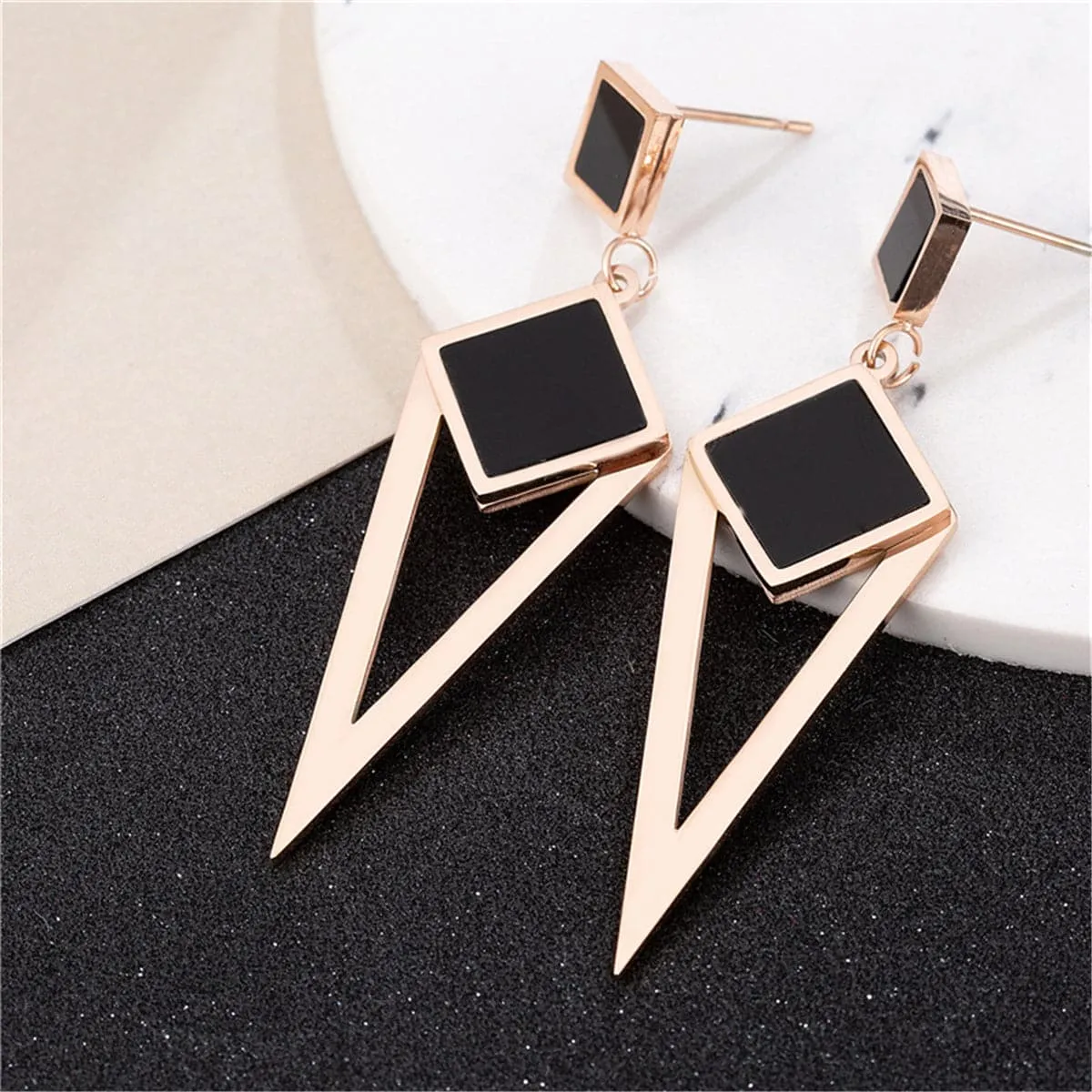 Black & 18K Rose Gold-Plated Geometric Openwork Drop Earrings