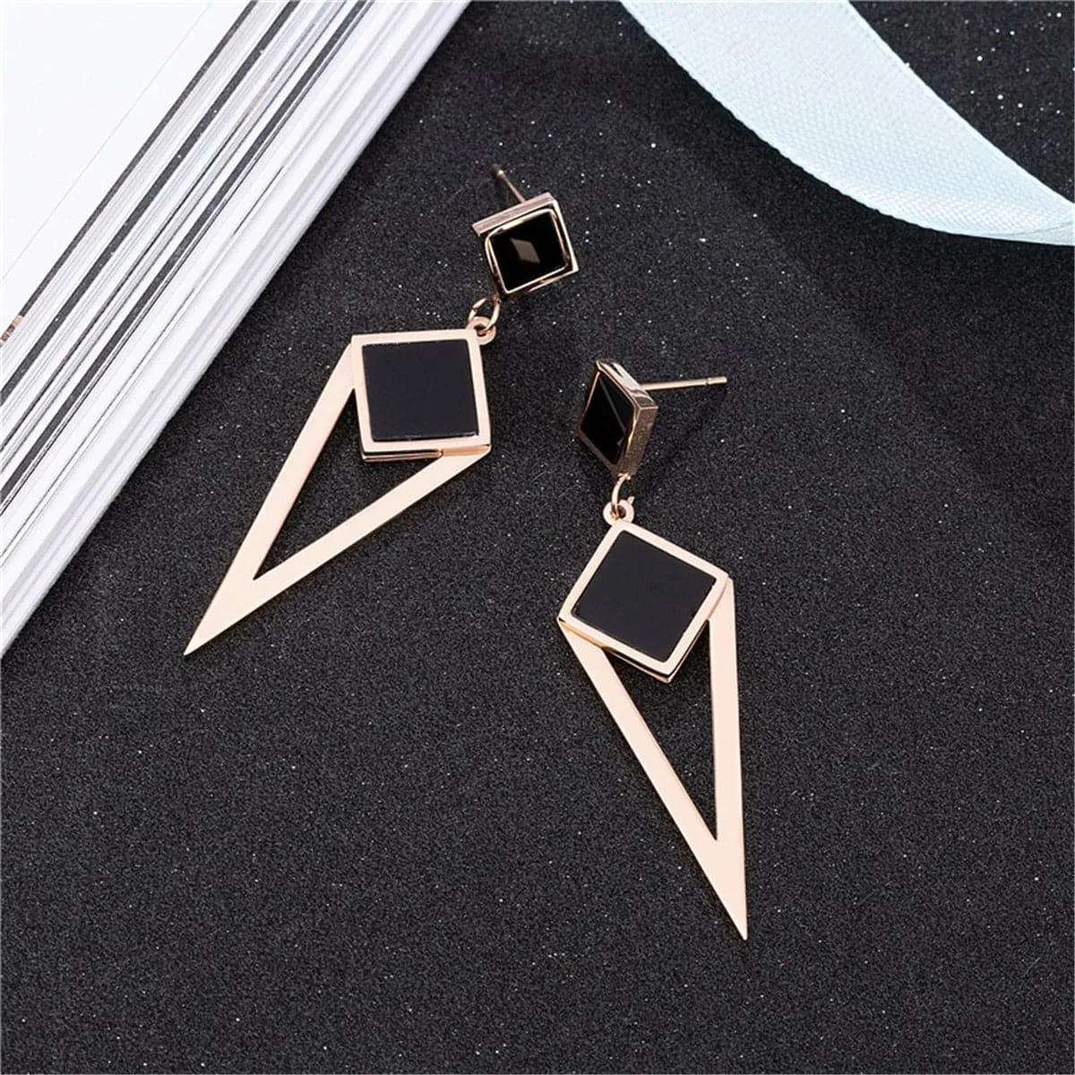 Black & 18K Rose Gold-Plated Geometric Openwork Drop Earrings
