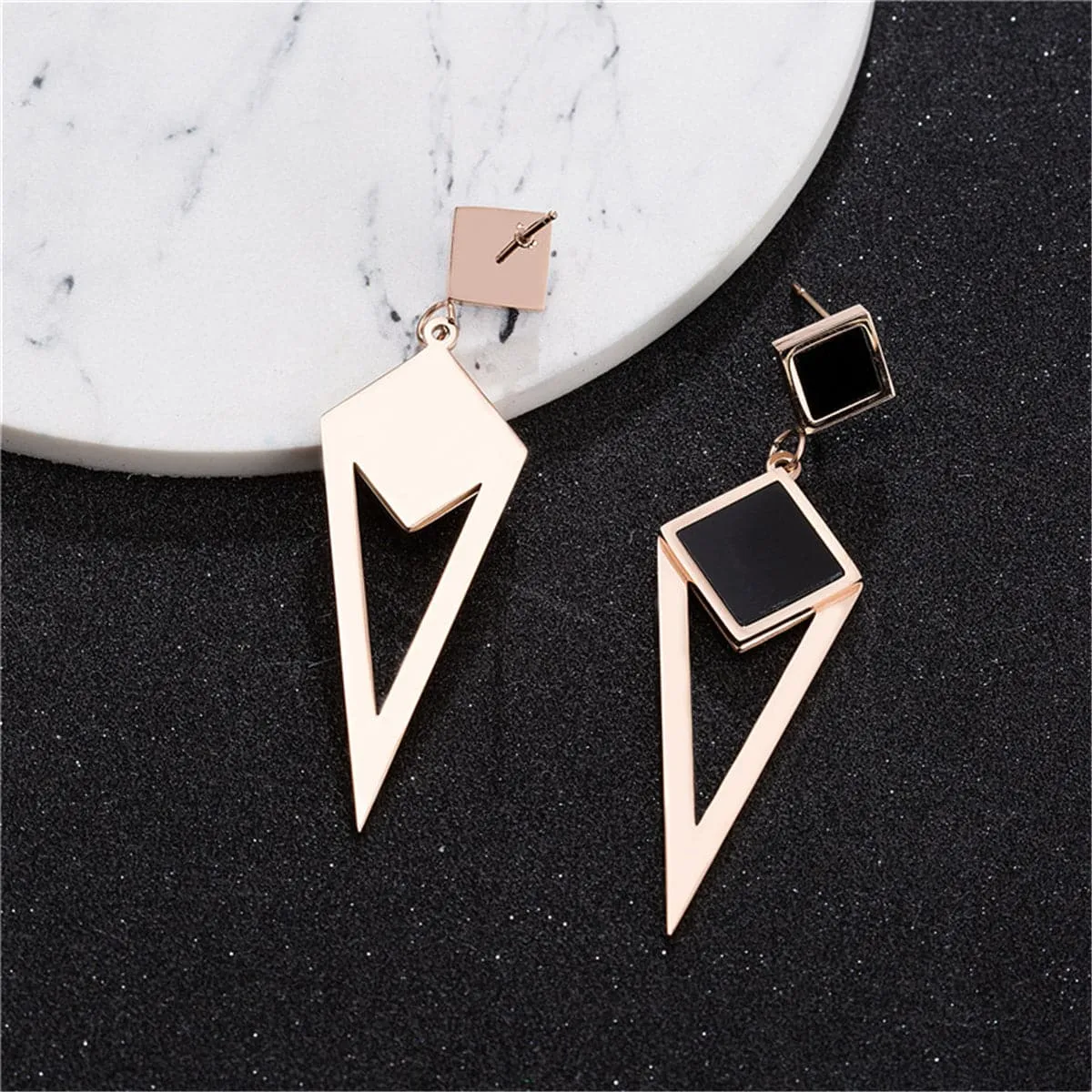 Black & 18K Rose Gold-Plated Geometric Openwork Drop Earrings