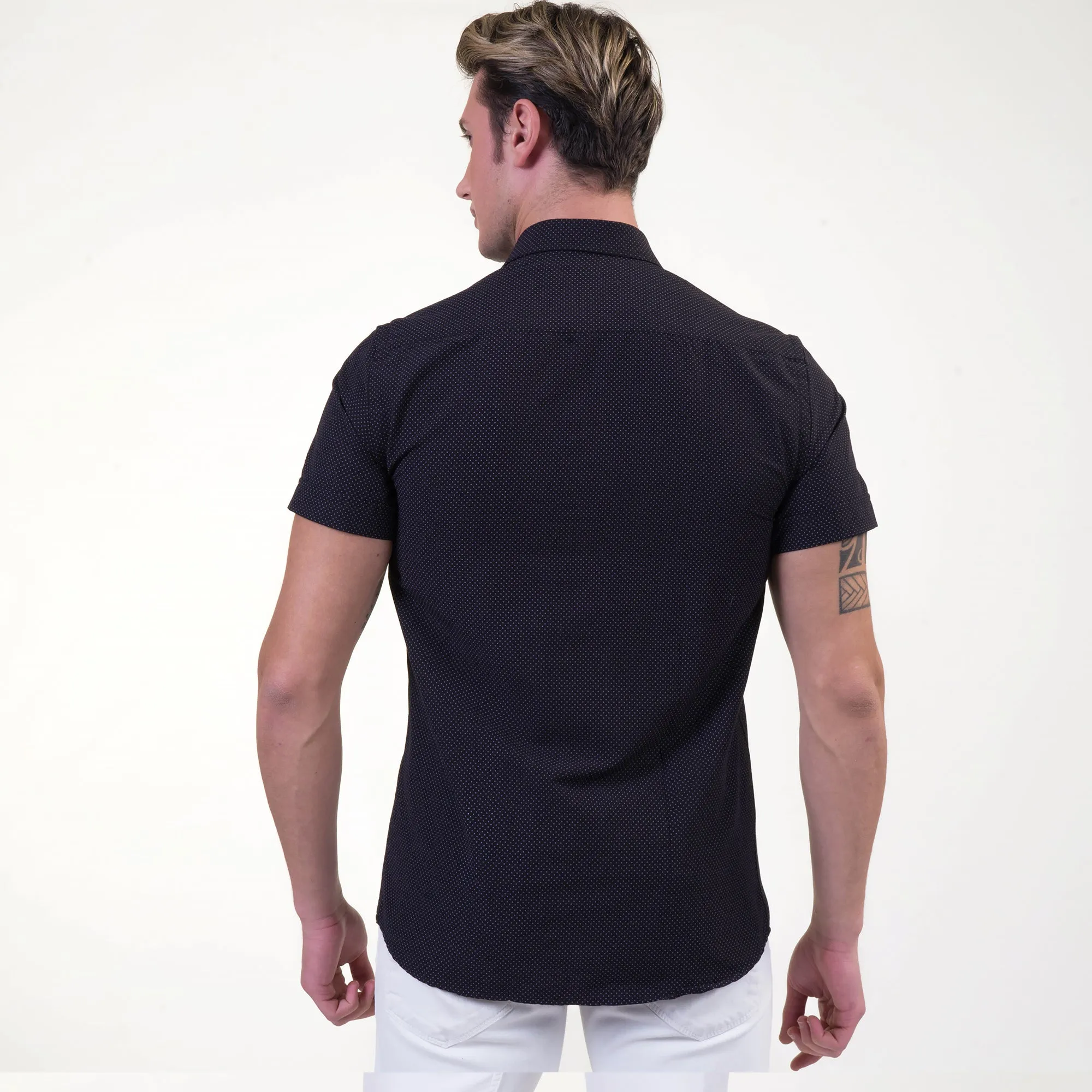 Black and Gold Mens Short Sleeve Button up Shirts - Tailored Slim Fit Cotton Dress Shirts