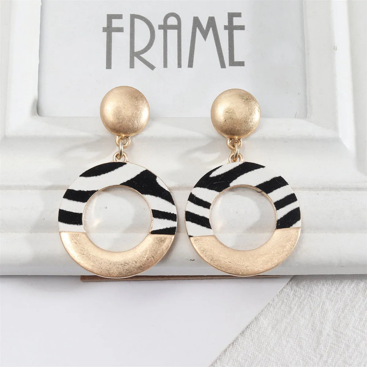 Black Polyurethane & 18K Gold-Plated Stripes Circle Drop Earrings