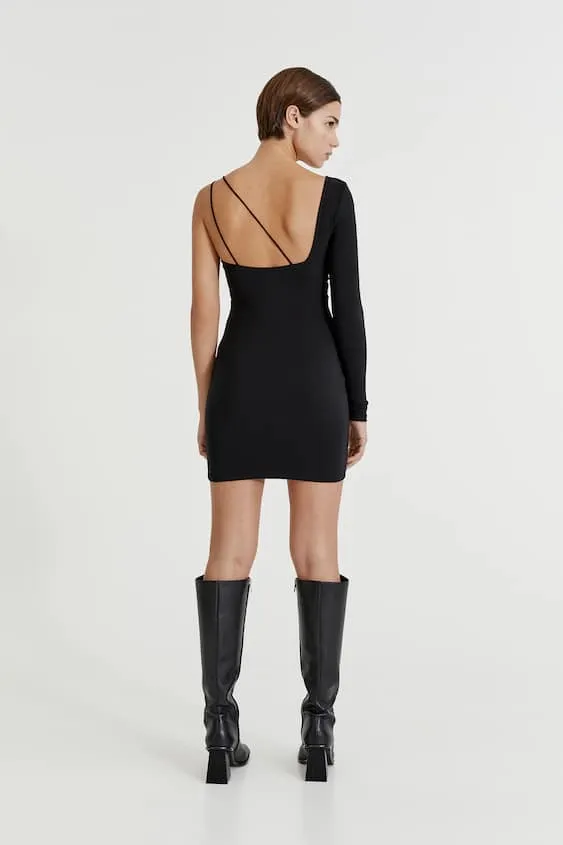 Black Short Cut-Out Mini Dress With Gathered Detail