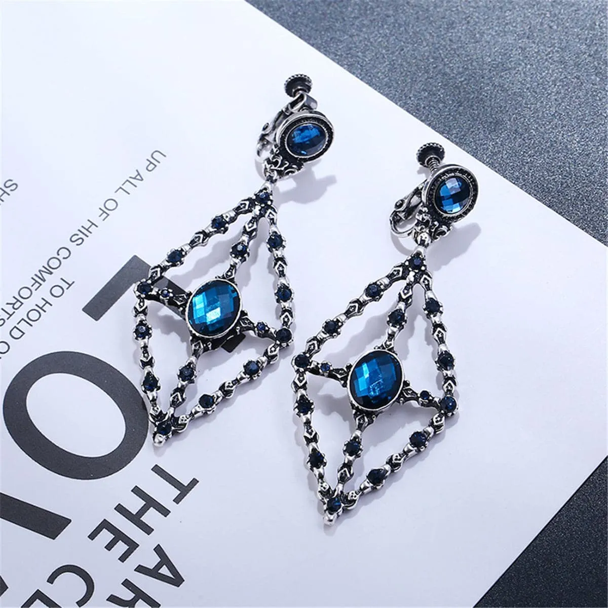 Blue Cubic Zirconia & Crystal Rhombus Drop Earrings