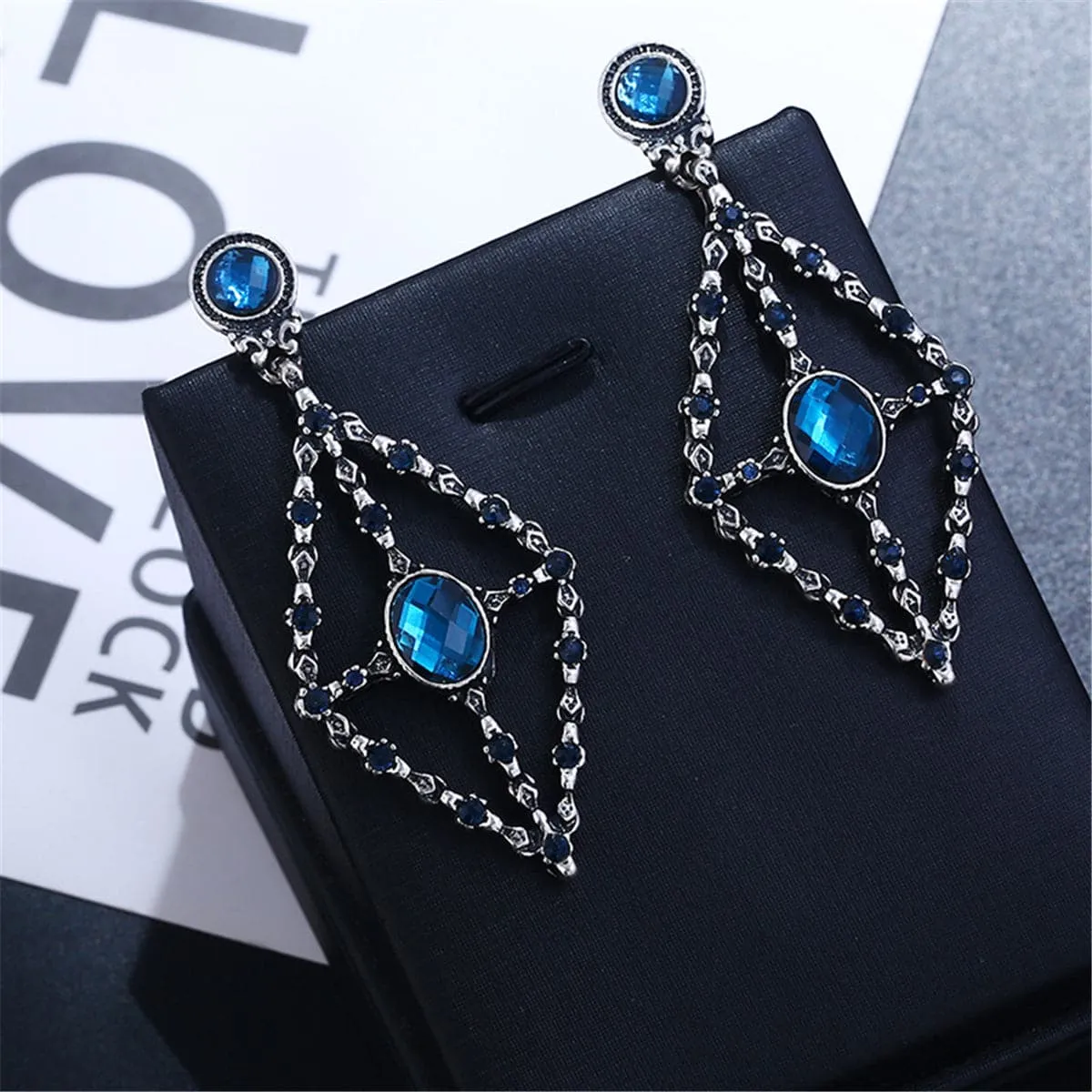 Blue Cubic Zirconia & Crystal Rhombus Drop Earrings