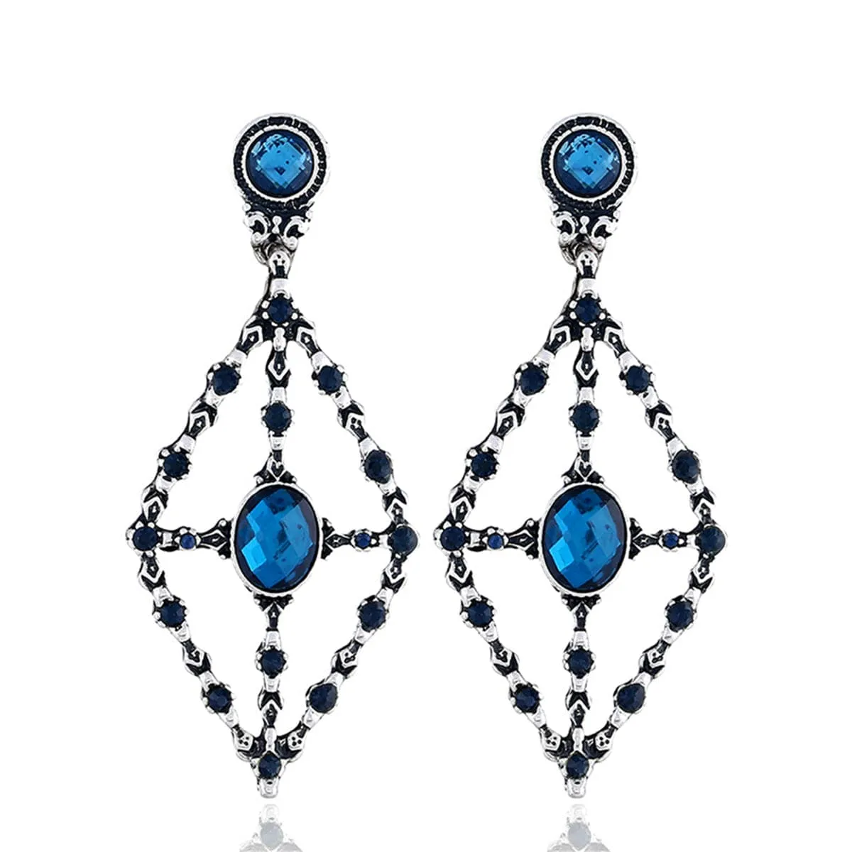 Blue Cubic Zirconia & Crystal Rhombus Drop Earrings