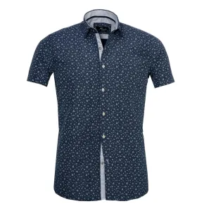 Blue Dotted Floral Mens Short Sleeve Button up Shirts - Tailored Slim Fit Cotton French Cuff Shirts
