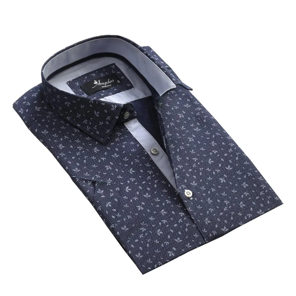 Blue Dotted Floral Mens Short Sleeve Button up Shirts - Tailored Slim Fit Cotton French Cuff Shirts