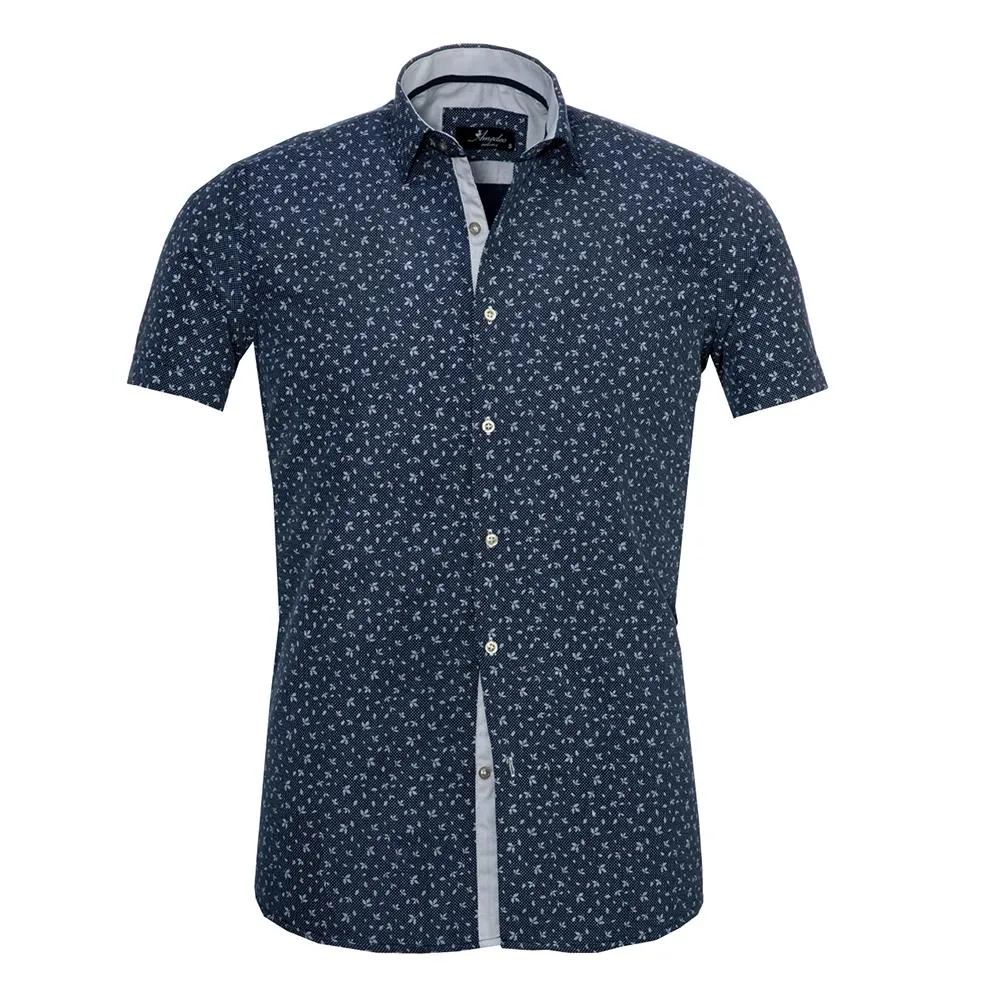 Blue Dotted Floral Mens Short Sleeve Button up Shirts - Tailored Slim Fit Cotton French Cuff Shirts