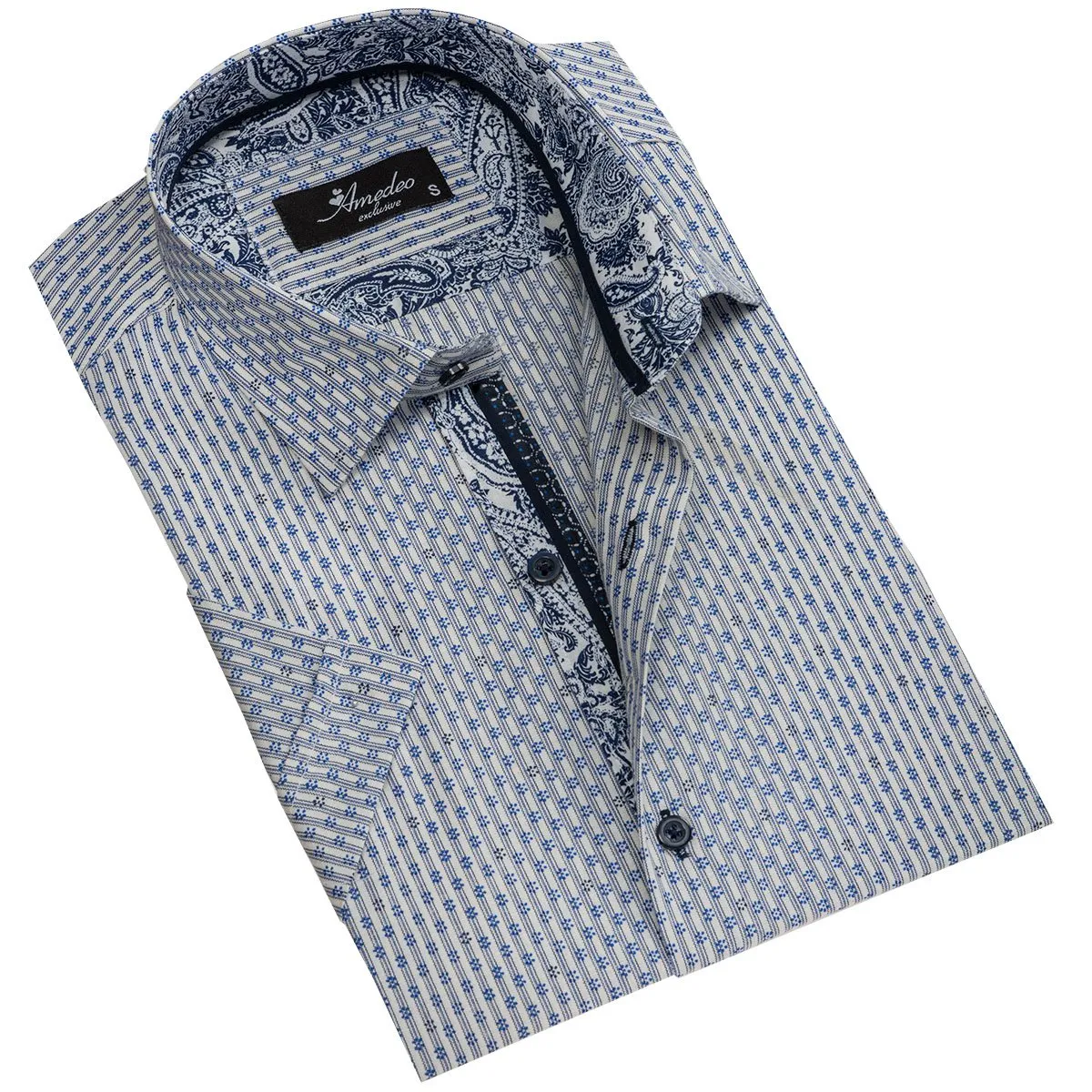 Blue Grey Mens Short Sleeve Button up Shirts - Tailored Slim Fit Cotton  French Cuff Shirts