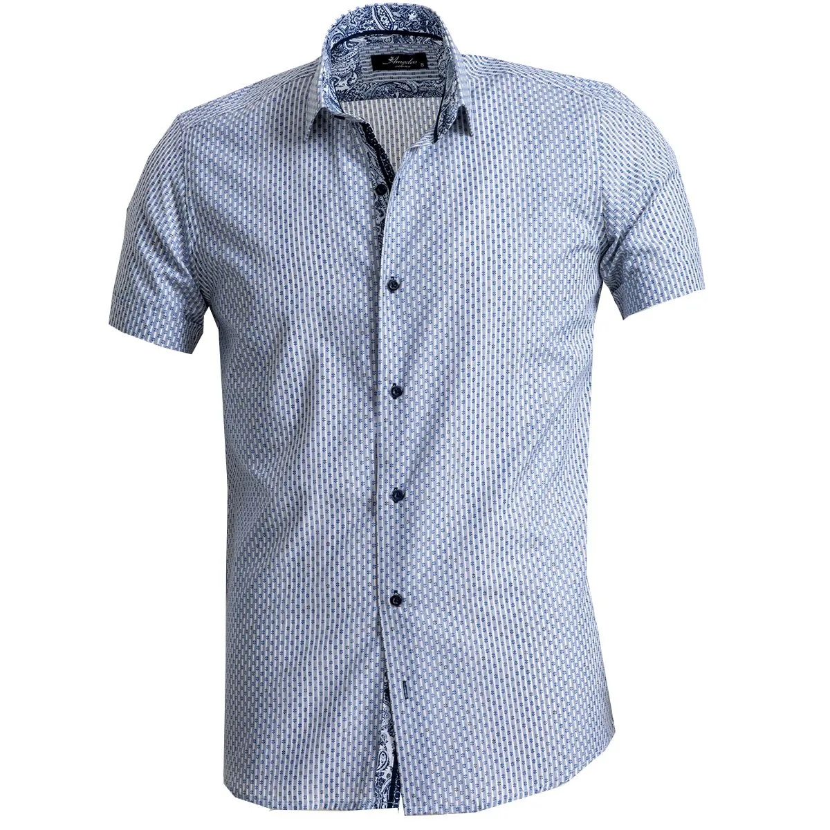 Blue Grey Mens Short Sleeve Button up Shirts - Tailored Slim Fit Cotton  French Cuff Shirts