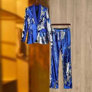 Blue Sequinted Suit Deep V Party Pantsuit Stage Performance Two Pieces Suit