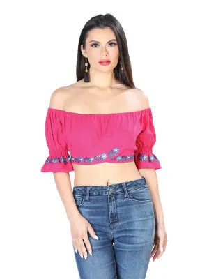Blusa Corta Artesanal Manga Corta Bordada de Flores para Mujer