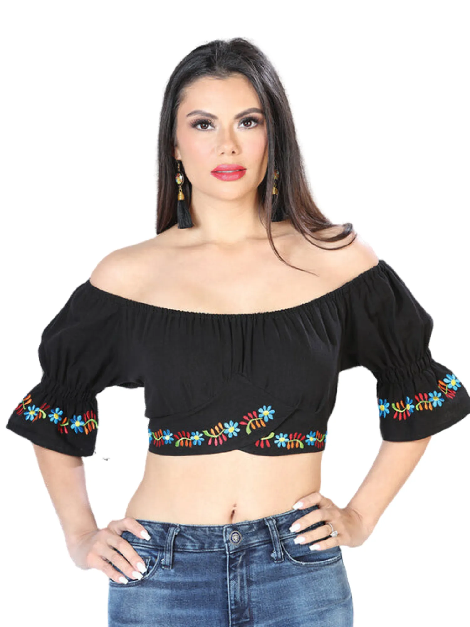 Blusa Corta Artesanal Manga Corta Bordada de Flores para Mujer