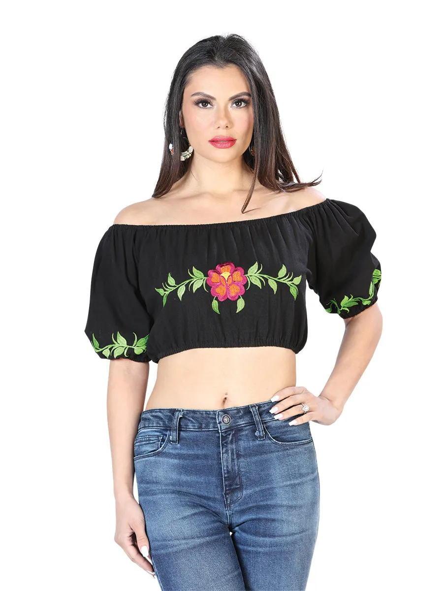 Blusa Corta Artesanal Manga Corta Bordada de Flores para Mujer