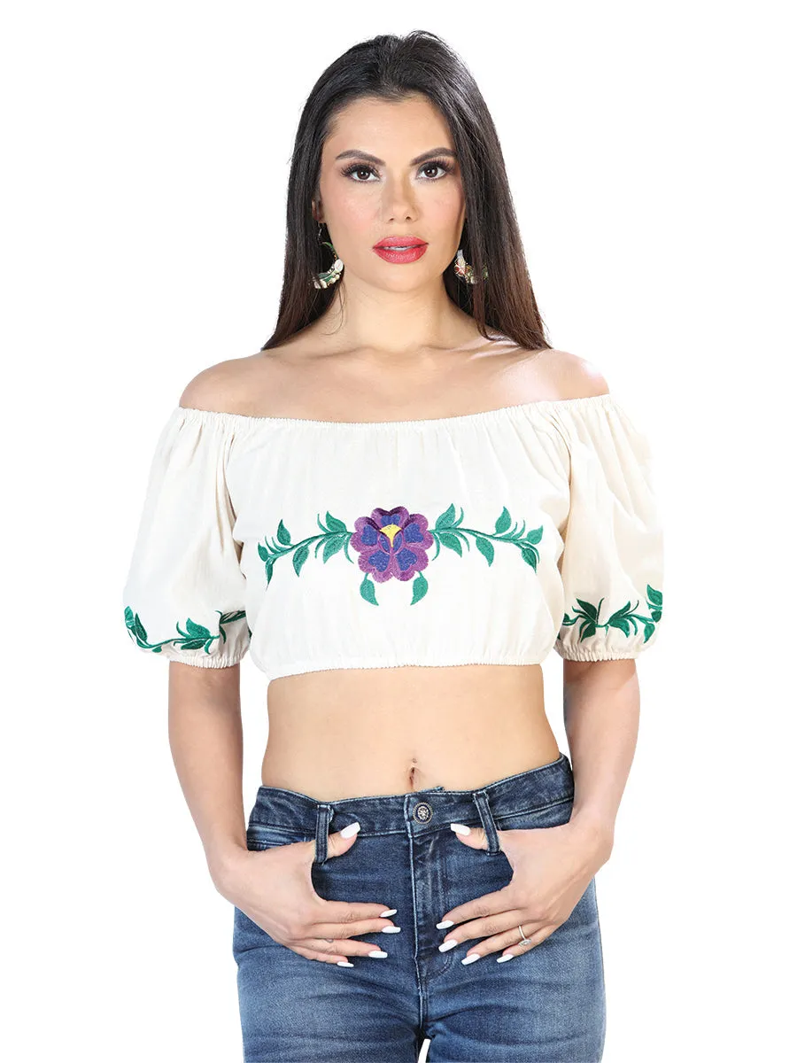 Blusa Corta Artesanal Manga Corta Bordada de Flores para Mujer