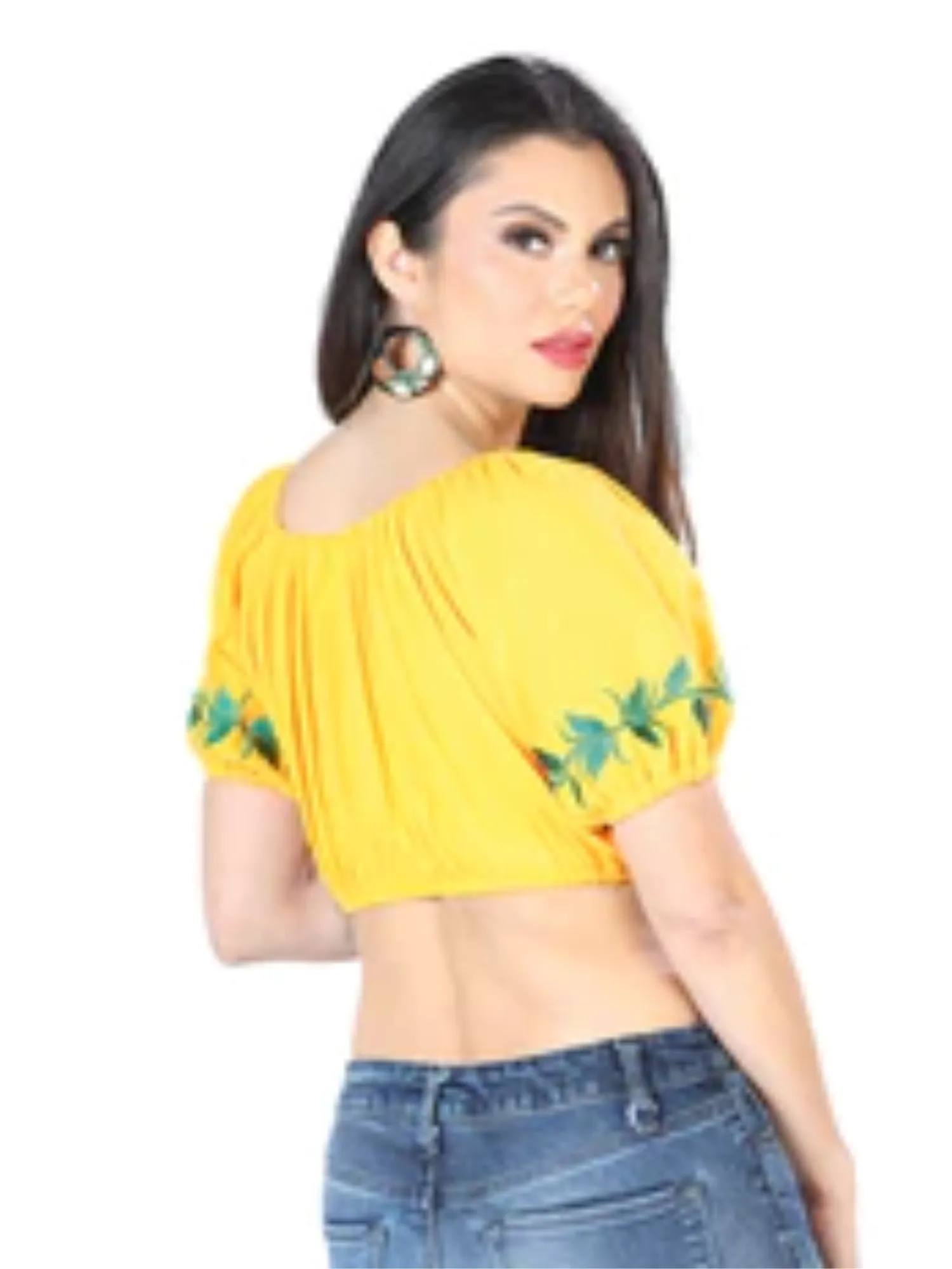 Blusa Corta Artesanal Manga Corta Bordada de Flores para Mujer