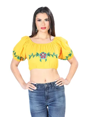 Blusa Corta Artesanal Manga Corta Bordada de Flores para Mujer