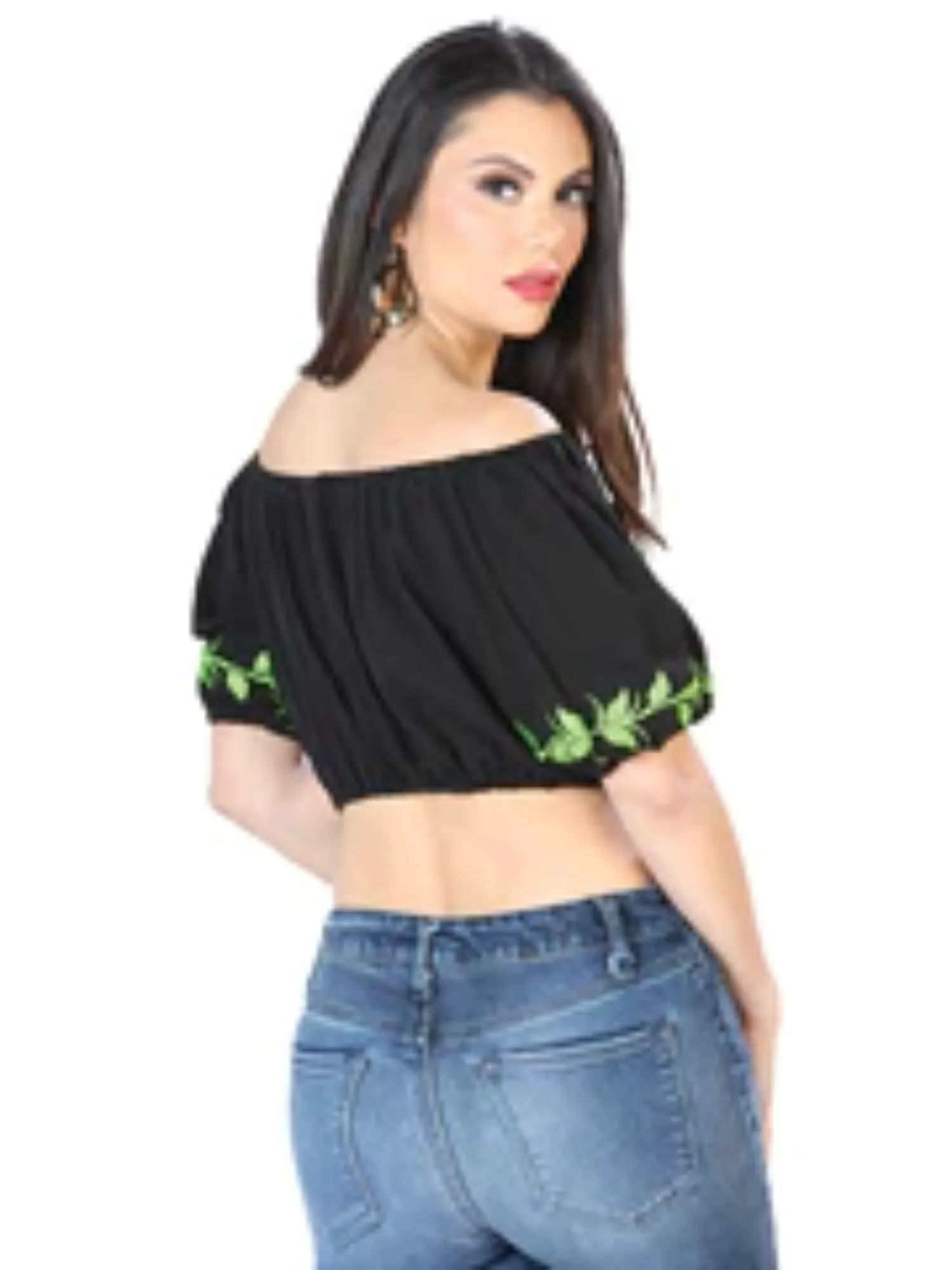 Blusa Corta Artesanal Manga Corta Bordada de Flores para Mujer