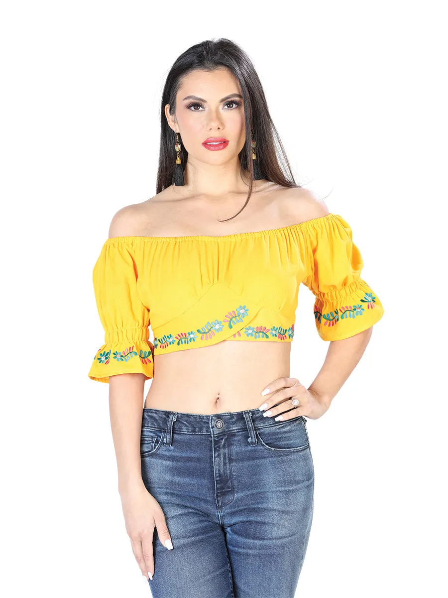 Blusa Corta Artesanal Manga Corta Bordada de Flores para Mujer