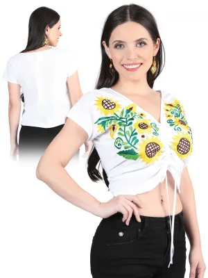 Blusa Corta Artesanal Manga Corta Bordada de Girasoles para Mujer