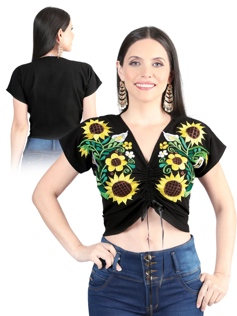 Blusa Corta Artesanal Manga Corta Bordada de Girasoles para Mujer